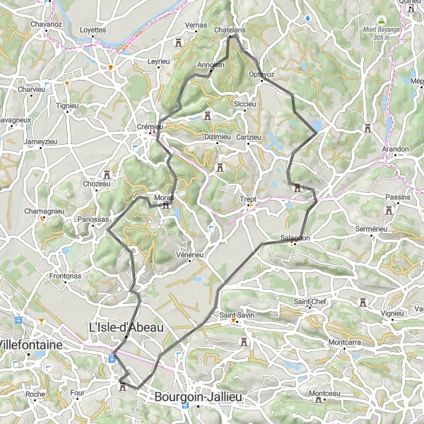 Miniature de la carte de l'inspiration cycliste "Tour des villages de l'Est lyonnais" dans la Rhône-Alpes, France. Générée par le planificateur d'itinéraire cycliste Tarmacs.app