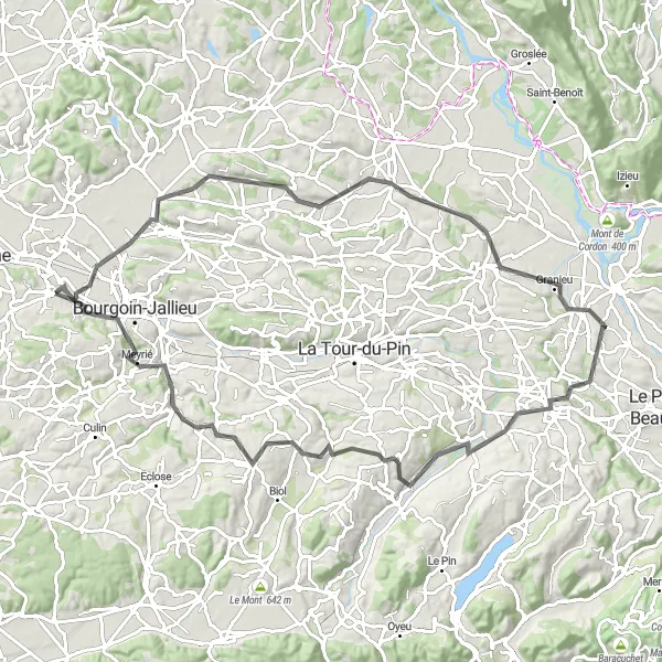 Miniatua del mapa de inspiración ciclista "Ruta de Carretera a través de Château de Chapeau Cornu" en Rhône-Alpes, France. Generado por Tarmacs.app planificador de rutas ciclistas