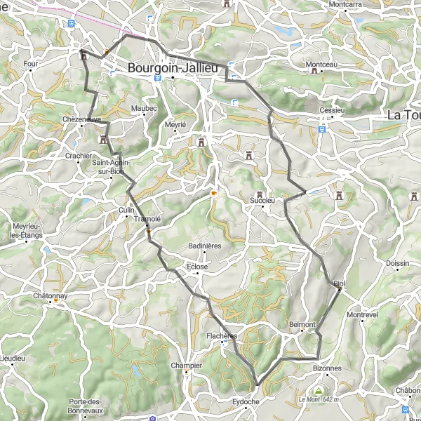 Miniaturní mapa "Cyklo trasa přes Bourgoin-Jallieu a Culin" inspirace pro cyklisty v oblasti Rhône-Alpes, France. Vytvořeno pomocí plánovače tras Tarmacs.app