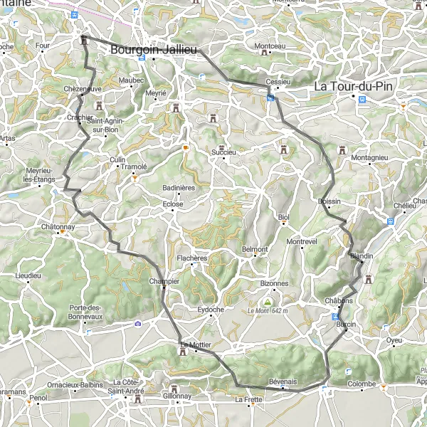 Map miniature of "Bourgoin-Jallieu to Champier Road Cycling Route" cycling inspiration in Rhône-Alpes, France. Generated by Tarmacs.app cycling route planner