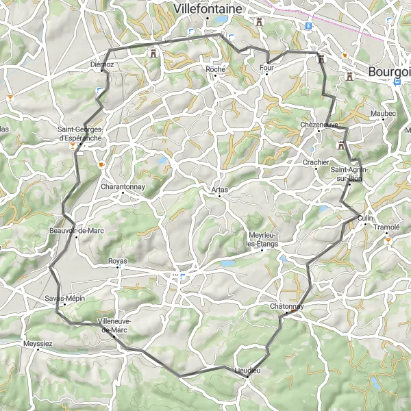 Miniature de la carte de l'inspiration cycliste "Le circuit routier pittoresque près de Saint-Alban-de-Roche" dans la Rhône-Alpes, France. Générée par le planificateur d'itinéraire cycliste Tarmacs.app
