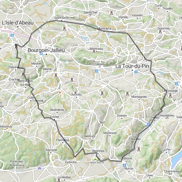 Miniatua del mapa de inspiración ciclista "Ruta desafiante en bicicleta de carretera desde Saint-Alban-de-Roche" en Rhône-Alpes, France. Generado por Tarmacs.app planificador de rutas ciclistas