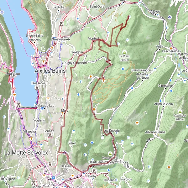 Miniaturní mapa "Gravelová cesta kolem Saint-Alban-Leysse" inspirace pro cyklisty v oblasti Rhône-Alpes, France. Vytvořeno pomocí plánovače tras Tarmacs.app