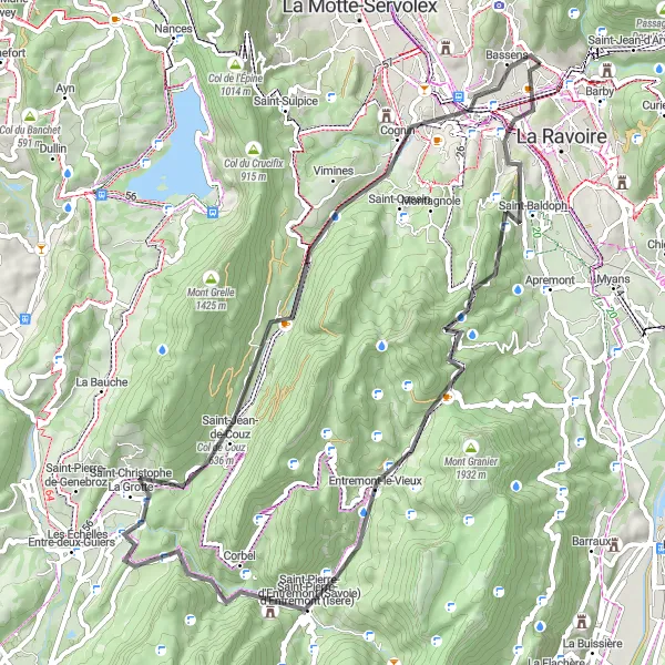 Kartminiatyr av "Sykling gjennom Rhône-Alpes" sykkelinspirasjon i Rhône-Alpes, France. Generert av Tarmacs.app sykkelrutoplanlegger