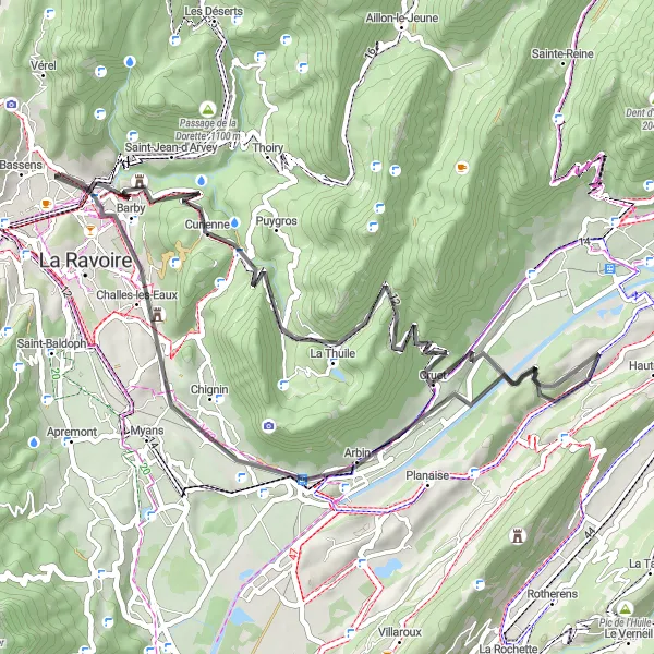 Map miniature of "Scenic Ride to Montmélian" cycling inspiration in Rhône-Alpes, France. Generated by Tarmacs.app cycling route planner