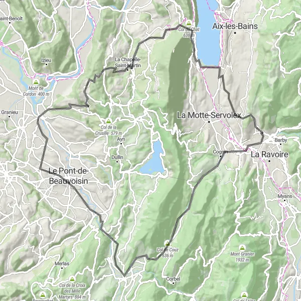 Mapa miniatúra "Výzva v okolí Saint-Alban-Leysse" cyklistická inšpirácia v Rhône-Alpes, France. Vygenerované cyklistickým plánovačom trás Tarmacs.app