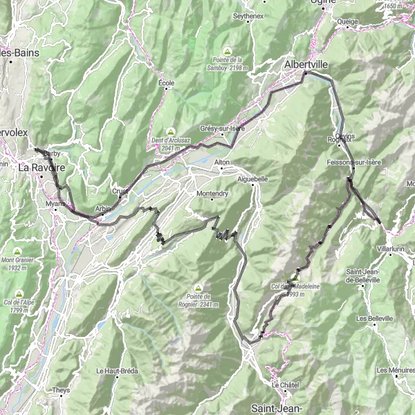 Mapa miniatúra "Road Cycling Challenge in the Savoie Region" cyklistická inšpirácia v Rhône-Alpes, France. Vygenerované cyklistickým plánovačom trás Tarmacs.app