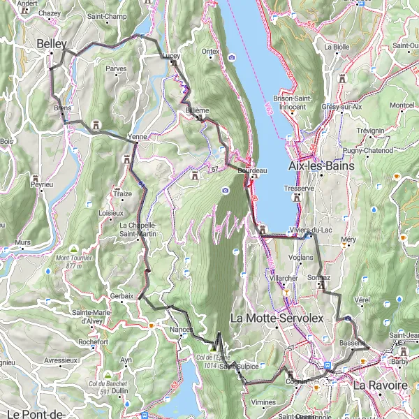 Zemljevid v pomanjšavi "Kolesarska pot do Viviers-du-Lac" kolesarske inspiracije v Rhône-Alpes, France. Generirano z načrtovalcem kolesarskih poti Tarmacs.app