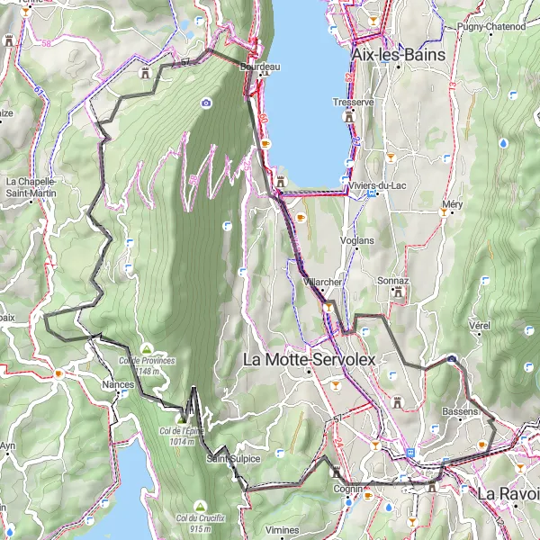 Miniature de la carte de l'inspiration cycliste "La Route des Col de l'Épine et de Saint-Saturnin" dans la Rhône-Alpes, France. Générée par le planificateur d'itinéraire cycliste Tarmacs.app