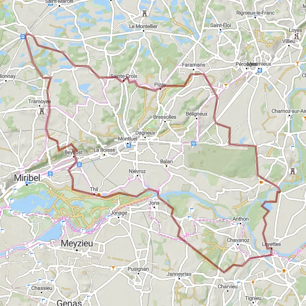 Miniatua del mapa de inspiración ciclista "Ruta de grava hacia Villette-d'Anthon" en Rhône-Alpes, France. Generado por Tarmacs.app planificador de rutas ciclistas
