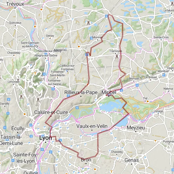 Mapa miniatúra "Scenic Gravel Cycling Route near Lyon" cyklistická inšpirácia v Rhône-Alpes, France. Vygenerované cyklistickým plánovačom trás Tarmacs.app