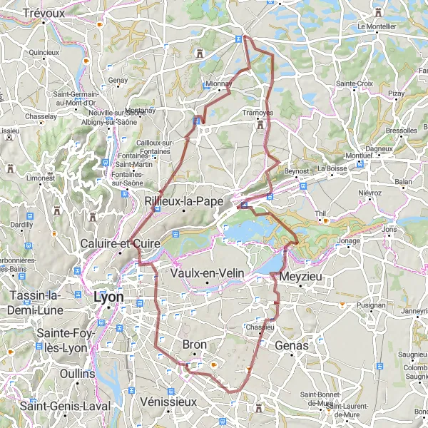 Miniaturní mapa "Cyklistická trasa Miribel" inspirace pro cyklisty v oblasti Rhône-Alpes, France. Vytvořeno pomocí plánovače tras Tarmacs.app