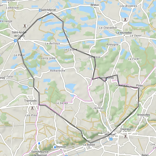 Mapa miniatúra "Zaujímavá cyklotrasa okolo Saint-André-de-Corcy" cyklistická inšpirácia v Rhône-Alpes, France. Vygenerované cyklistickým plánovačom trás Tarmacs.app