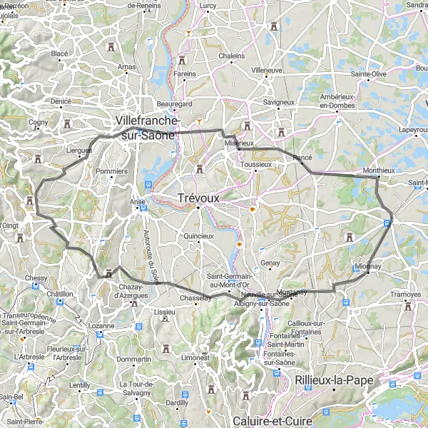 Zemljevid v pomanjšavi "Krožna kolesarska pot preko Villefranche-sur-Saône" kolesarske inspiracije v Rhône-Alpes, France. Generirano z načrtovalcem kolesarskih poti Tarmacs.app