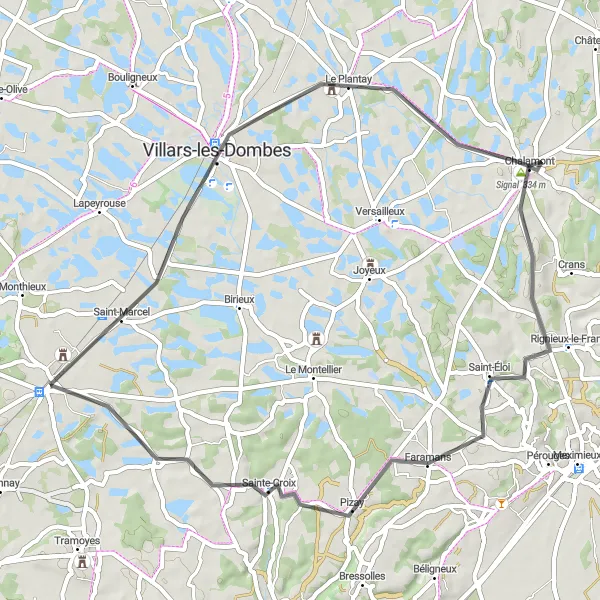 Miniature de la carte de l'inspiration cycliste "Explorez les environs de Saint-André-de-Corcy lors d'un circuit de 56 km en vélo de route" dans la Rhône-Alpes, France. Générée par le planificateur d'itinéraire cycliste Tarmacs.app