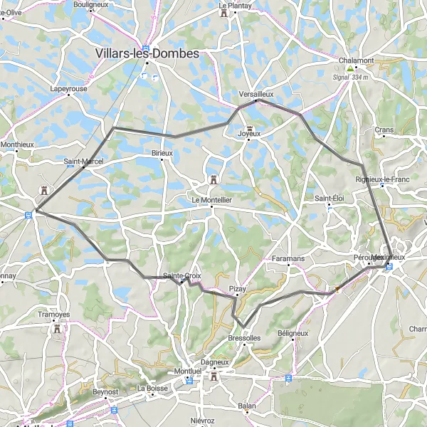 Miniature de la carte de l'inspiration cycliste "Excursion à vélo de 51 km à travers les environs de Saint-André-de-Corcy" dans la Rhône-Alpes, France. Générée par le planificateur d'itinéraire cycliste Tarmacs.app