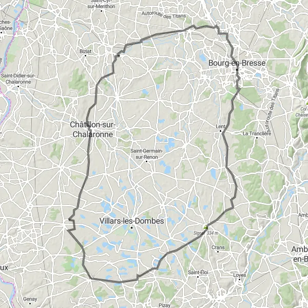Zemljevid v pomanjšavi "Raznolika kolesarska pot do Bourg-en-Bresse" kolesarske inspiracije v Rhône-Alpes, France. Generirano z načrtovalcem kolesarskih poti Tarmacs.app