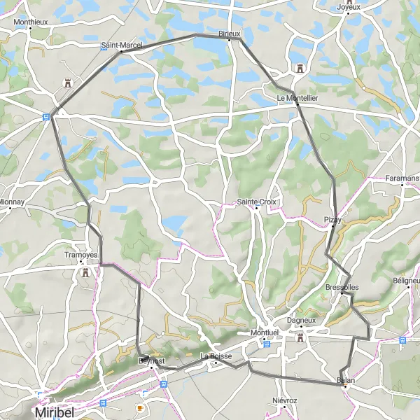 Miniaturní mapa "Jízda kolem Saint-André-de-Corcy a La Boisse" inspirace pro cyklisty v oblasti Rhône-Alpes, France. Vytvořeno pomocí plánovače tras Tarmacs.app