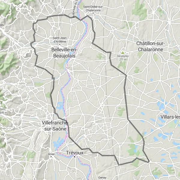 Karten-Miniaturansicht der Radinspiration "Erkundungstour von Reyrieux nach Ambérieux-en-Dombes" in Rhône-Alpes, France. Erstellt vom Tarmacs.app-Routenplaner für Radtouren