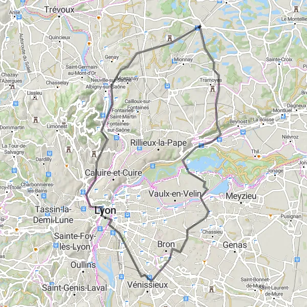 Map miniature of "Lyon and Beyond" cycling inspiration in Rhône-Alpes, France. Generated by Tarmacs.app cycling route planner