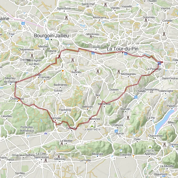 Zemljevid v pomanjšavi "Pustolovska makadamska pot skozi La Tour-du-Pin" kolesarske inspiracije v Rhône-Alpes, France. Generirano z načrtovalcem kolesarskih poti Tarmacs.app