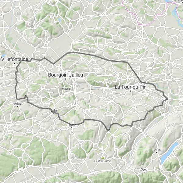 Miniatua del mapa de inspiración ciclista "Ruta de ciclismo de carretera desde Saint-André-le-Gaz" en Rhône-Alpes, France. Generado por Tarmacs.app planificador de rutas ciclistas