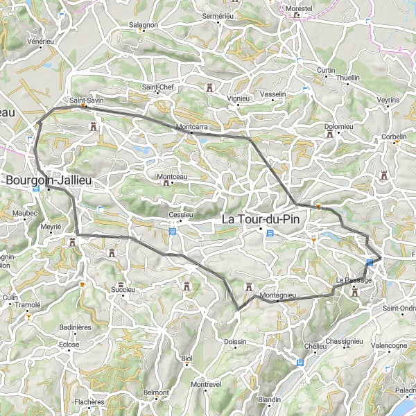 Zemljevid v pomanjšavi "Raznolika pot okrog Bourgoin-Jallieuja" kolesarske inspiracije v Rhône-Alpes, France. Generirano z načrtovalcem kolesarskih poti Tarmacs.app