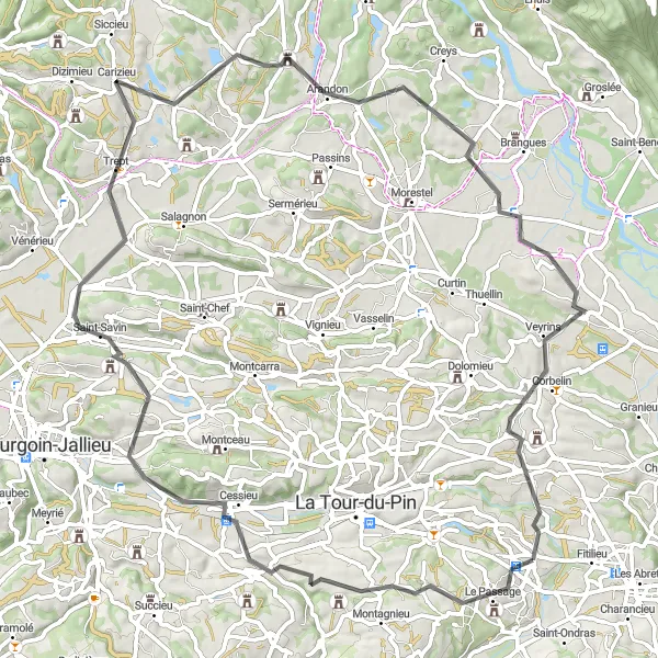 Zemljevid v pomanjšavi "Kolesarska pot Cessieu - La Bâtie-Montgascon" kolesarske inspiracije v Rhône-Alpes, France. Generirano z načrtovalcem kolesarskih poti Tarmacs.app