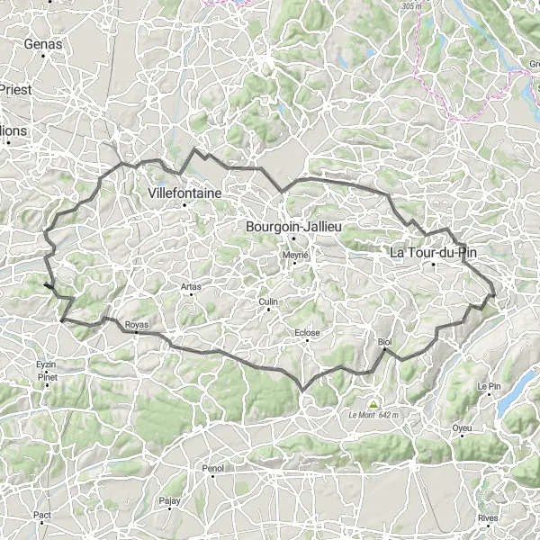 Zemljevid v pomanjšavi "Kolesarska pot Biol - Saint-Clair-de-la-Tour" kolesarske inspiracije v Rhône-Alpes, France. Generirano z načrtovalcem kolesarskih poti Tarmacs.app