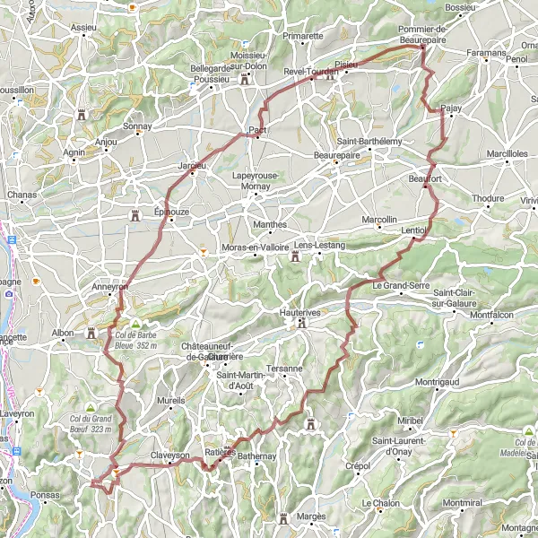 Map miniature of "Gravel Adventure to Claveyson" cycling inspiration in Rhône-Alpes, France. Generated by Tarmacs.app cycling route planner