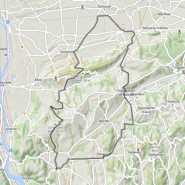Map miniature of "Scenic Vals Loop" cycling inspiration in Rhône-Alpes, France. Generated by Tarmacs.app cycling route planner