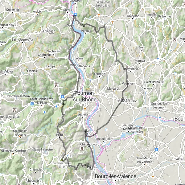 Map miniature of "Scenic Loop from Saint-Barthélemy-de-Vals: Gazareau Challenge" cycling inspiration in Rhône-Alpes, France. Generated by Tarmacs.app cycling route planner