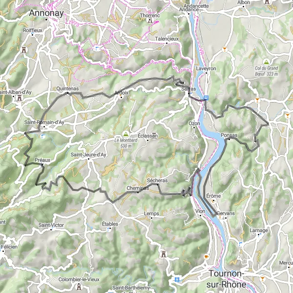 Miniaturní mapa "Cyklotrasa do kopce Ponsas" inspirace pro cyklisty v oblasti Rhône-Alpes, France. Vytvořeno pomocí plánovače tras Tarmacs.app