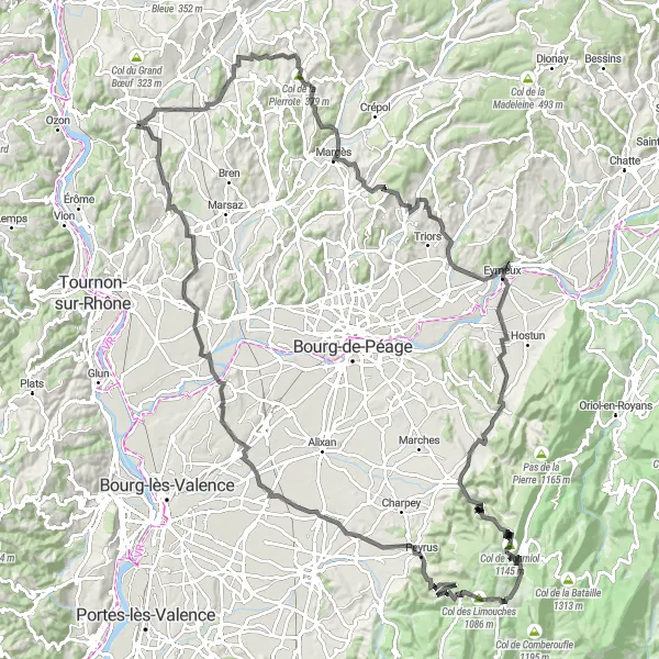 Map miniature of "Challenging Road Cycling Route: Pierrote Pass Adventure" cycling inspiration in Rhône-Alpes, France. Generated by Tarmacs.app cycling route planner