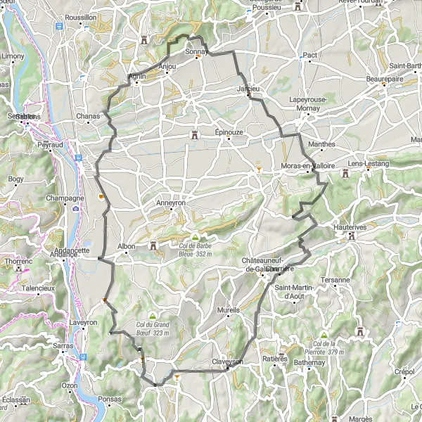 Map miniature of "Beausemblant Grand Tour" cycling inspiration in Rhône-Alpes, France. Generated by Tarmacs.app cycling route planner