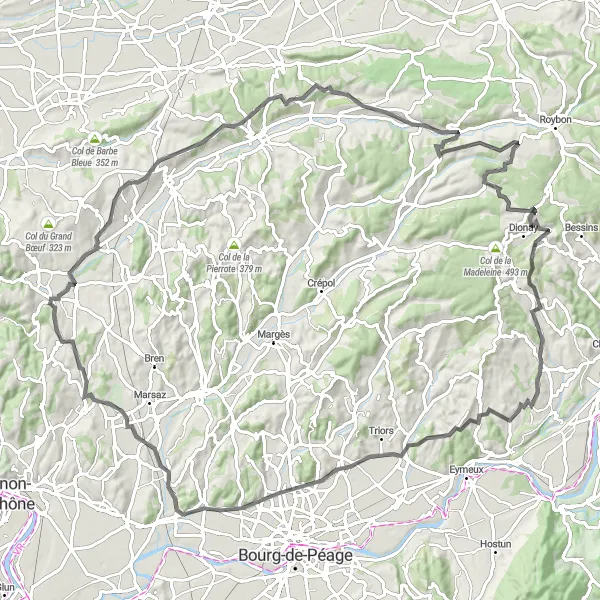 Map miniature of "Scenic Countryside Exploration: The Grand-Serre Route" cycling inspiration in Rhône-Alpes, France. Generated by Tarmacs.app cycling route planner