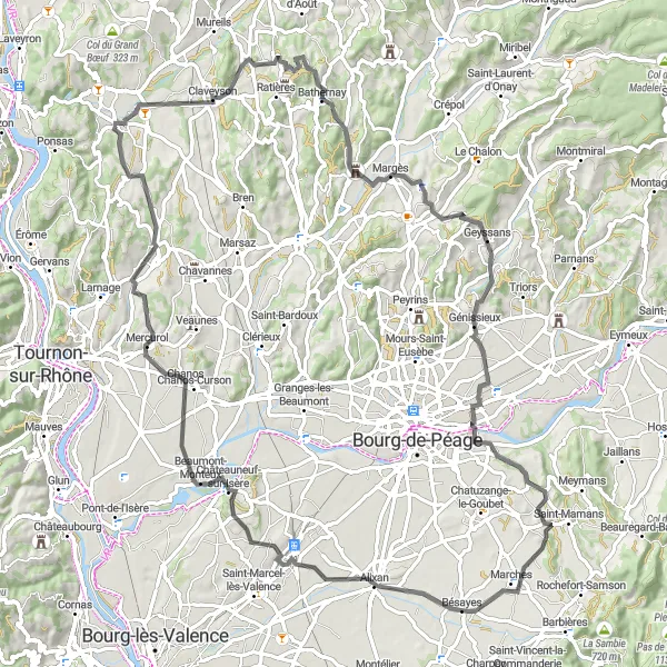 Map miniature of "Cycling around Saint-Barthélemy-de-Vals: Claveyson Loop" cycling inspiration in Rhône-Alpes, France. Generated by Tarmacs.app cycling route planner
