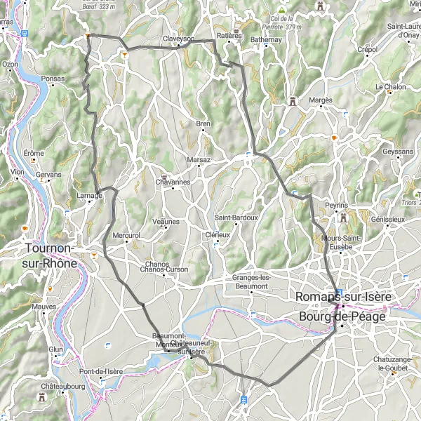 Map miniature of "Herbasse to Isère Circuit" cycling inspiration in Rhône-Alpes, France. Generated by Tarmacs.app cycling route planner