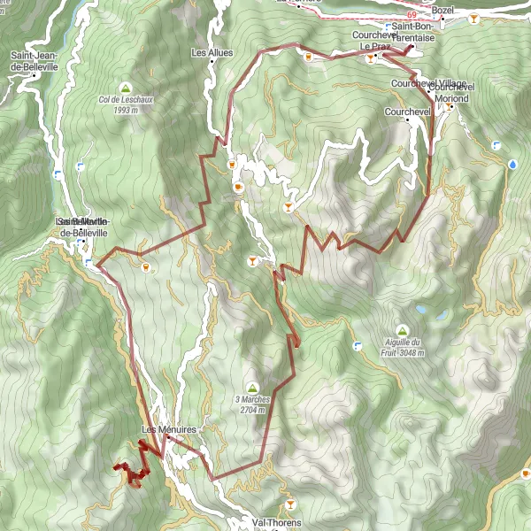 Miniatuurkaart van de fietsinspiratie "Gravelroute Courchevel naar La Tania via Les Ménuires en Saint-Martin-de-Belleville" in Rhône-Alpes, France. Gemaakt door de Tarmacs.app fietsrouteplanner