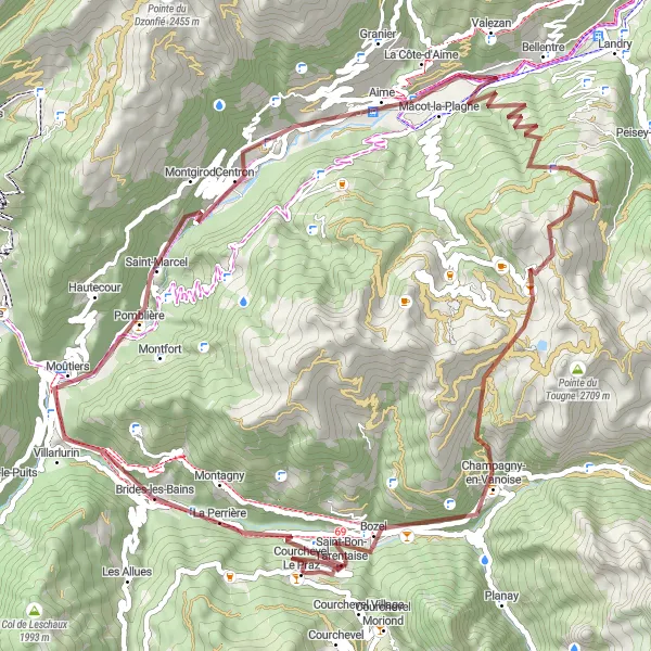 Karttaminiaatyyri "Maaseutumaisemien kierros Brides-les-Bainsin ympärillä" pyöräilyinspiraatiosta alueella Rhône-Alpes, France. Luotu Tarmacs.app pyöräilyreittisuunnittelijalla