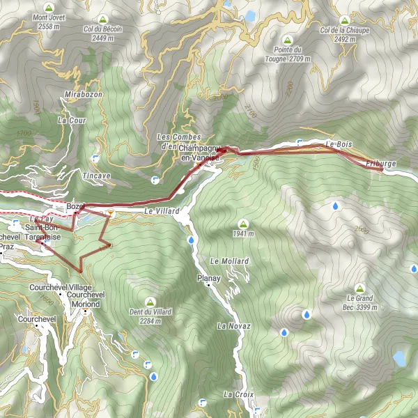 Kartminiatyr av "Bozel - Champagny-en-Vanoise - Courchevel Moriond" cykelinspiration i Rhône-Alpes, France. Genererad av Tarmacs.app cykelruttplanerare