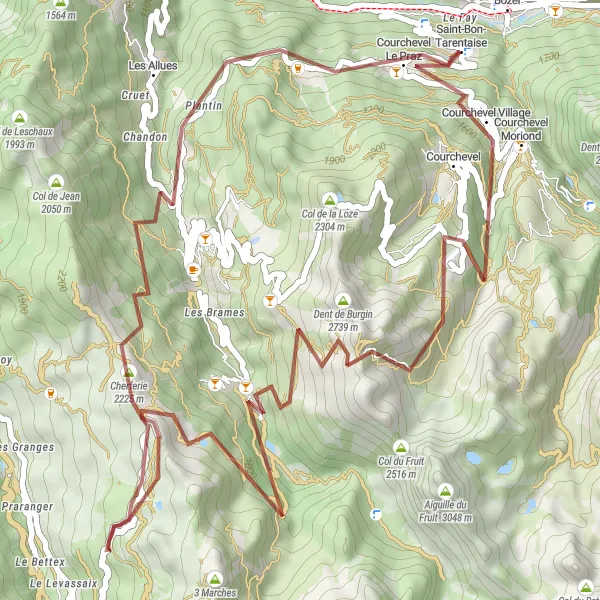Miniatua del mapa de inspiración ciclista "Ruta de Grava Courchevel" en Rhône-Alpes, France. Generado por Tarmacs.app planificador de rutas ciclistas