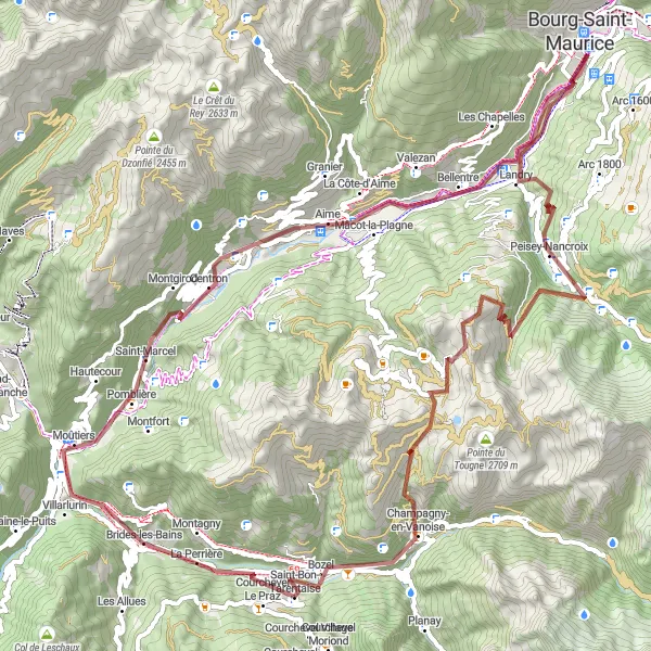 Miniaturní mapa "Gravel trasa kolem Aime" inspirace pro cyklisty v oblasti Rhône-Alpes, France. Vytvořeno pomocí plánovače tras Tarmacs.app