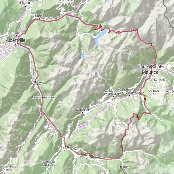 Mapa miniatúra "Gravel tour above Tarentaise" cyklistická inšpirácia v Rhône-Alpes, France. Vygenerované cyklistickým plánovačom trás Tarmacs.app