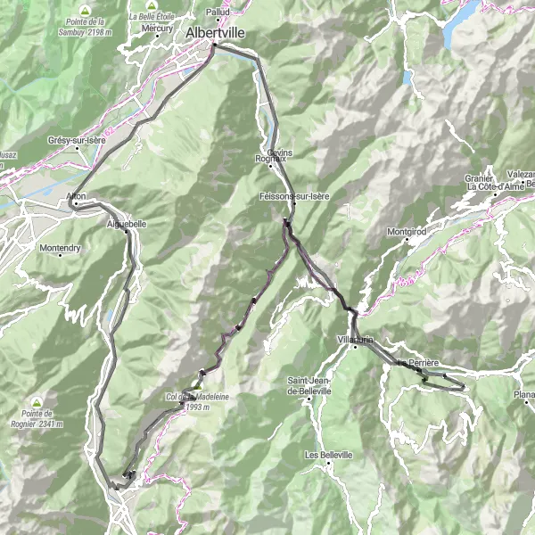 Kartminiatyr av "Lång cykeltur via Col de la Madeleine" cykelinspiration i Rhône-Alpes, France. Genererad av Tarmacs.app cykelruttplanerare