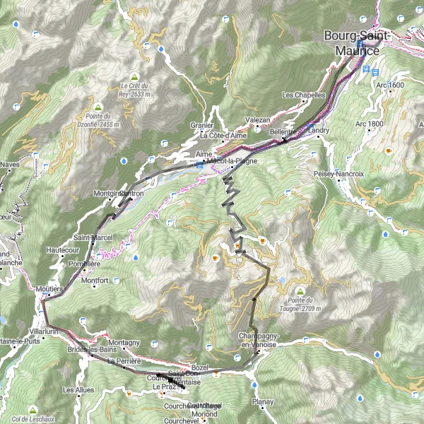 Map miniature of "Brides-les-Bains Loop" cycling inspiration in Rhône-Alpes, France. Generated by Tarmacs.app cycling route planner