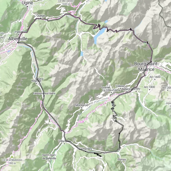 Miniatua del mapa de inspiración ciclista "Desafío en Carretera desde Saint-Bon-Tarentaise" en Rhône-Alpes, France. Generado por Tarmacs.app planificador de rutas ciclistas