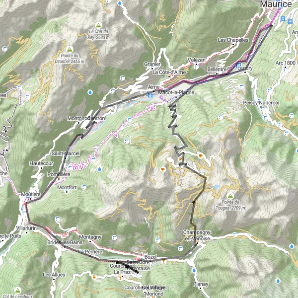 Miniatua del mapa de inspiración ciclista "Ruta de ciclismo de carretera con 2838 metros de ascenso y 89 km de distancia en Saint-Bon-Tarentaise" en Rhône-Alpes, France. Generado por Tarmacs.app planificador de rutas ciclistas