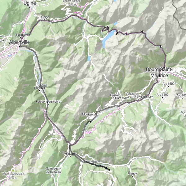 Miniatua del mapa de inspiración ciclista "Ruta de Ciclismo de Carretera desafiante desde Saint-Bon-Tarentaise" en Rhône-Alpes, France. Generado por Tarmacs.app planificador de rutas ciclistas