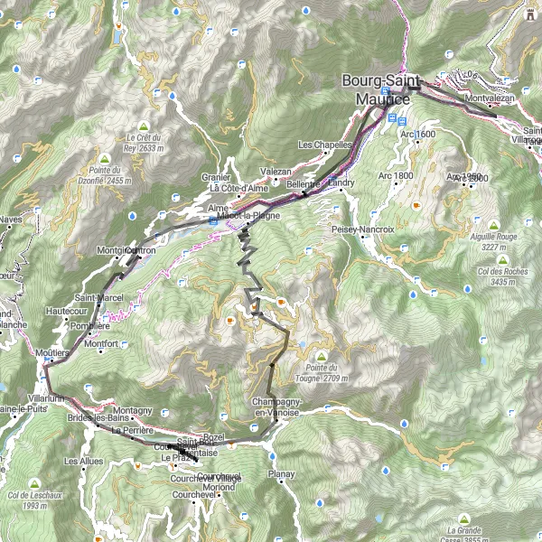 Mapa miniatúra "Road loop via Aime" cyklistická inšpirácia v Rhône-Alpes, France. Vygenerované cyklistickým plánovačom trás Tarmacs.app